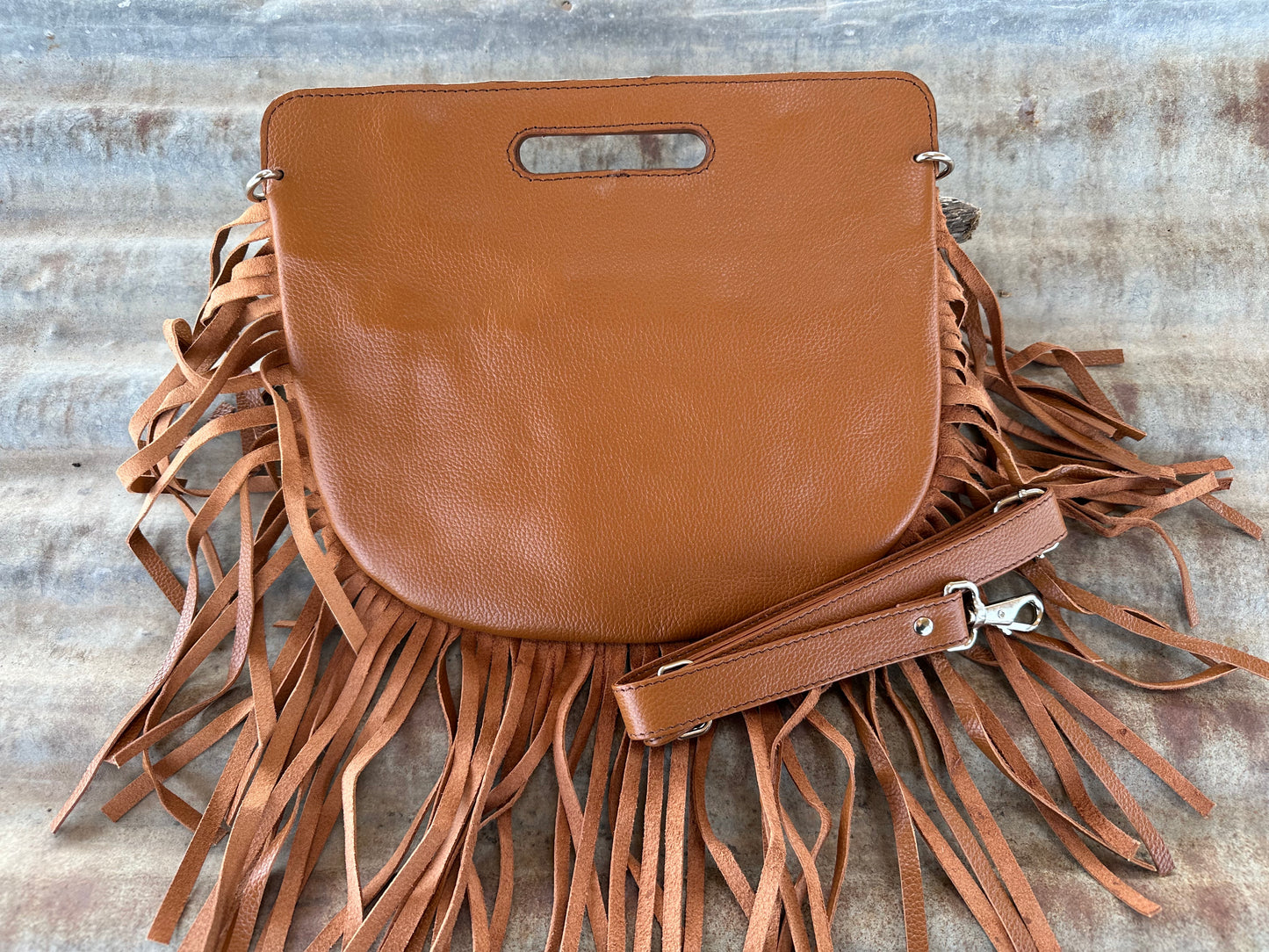 Cowhide Engraved Fringe Cross Body Bag 02