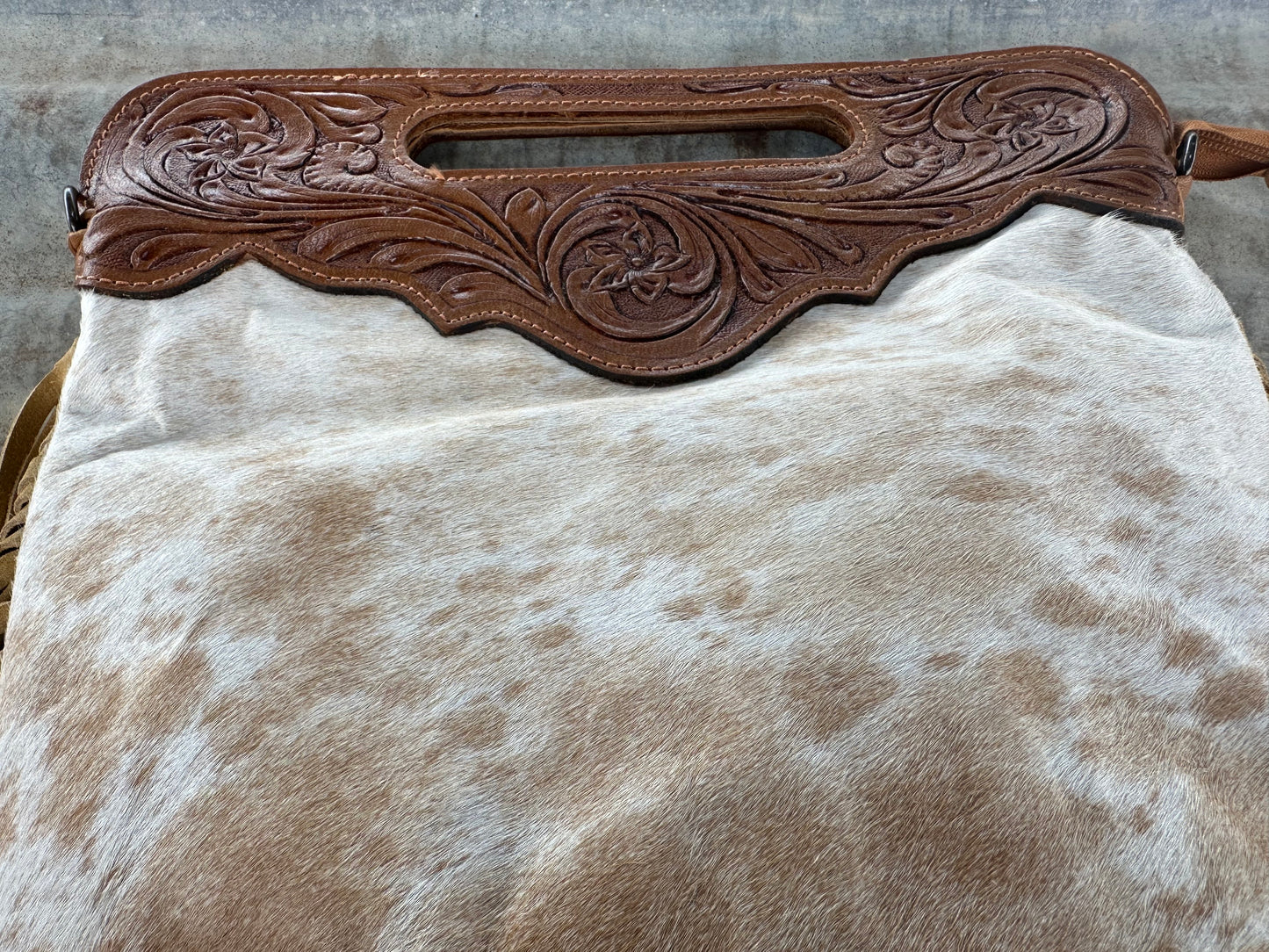 tooled leather fringe cowhide handbag