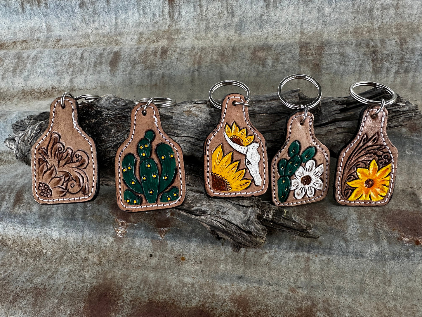 Leather Cattle Tag Key Ring - FLOWER