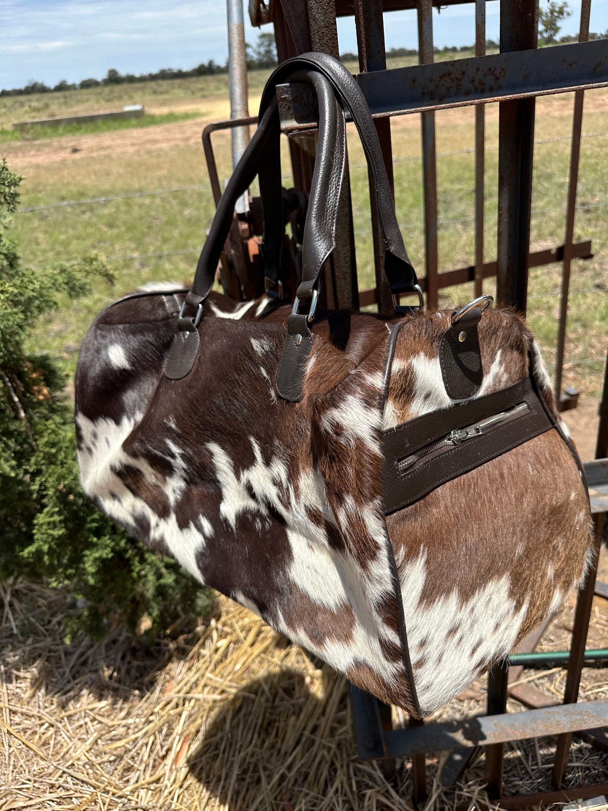 leather cowhide duffle bag