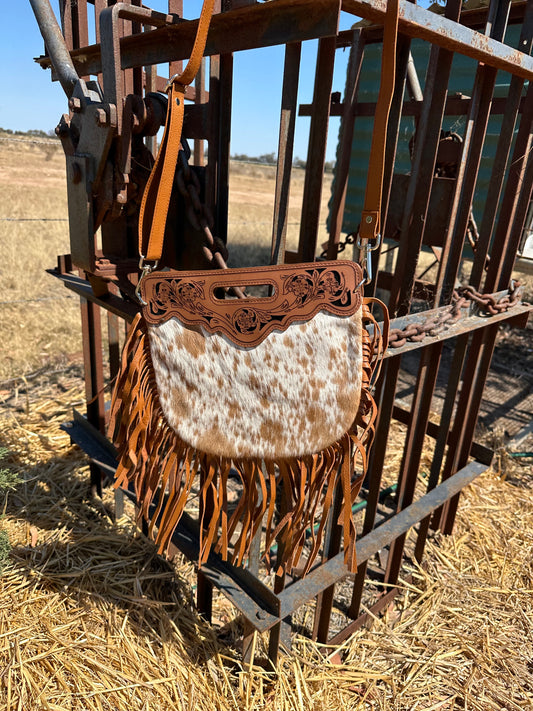 Cowhide Engraved Fringe Cross Body Bag 02