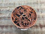 cowhide jewellery box round tooled leather