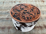 round cowhide jewellery box tooled leather