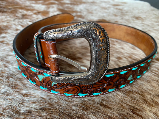 Tan Tooled Leather Belt With Turquoise Roping