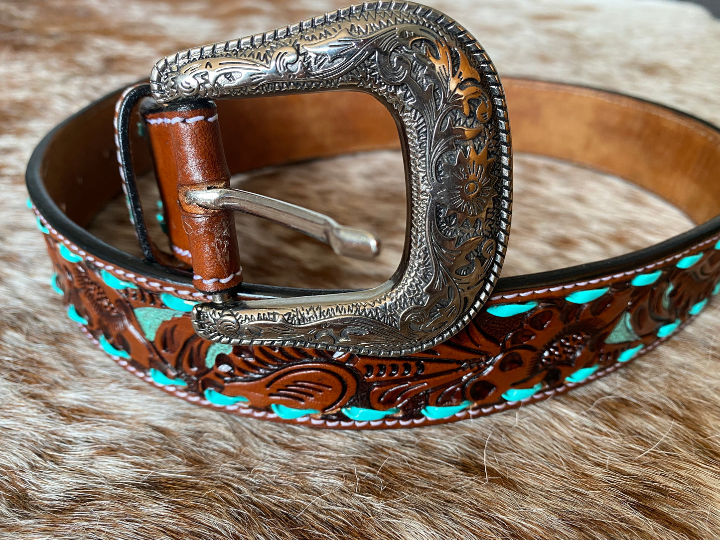 Tan Tooled Leather Belt With Turquoise Roping