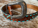 Tan Tooled Leather Belt With Turquoise Roping