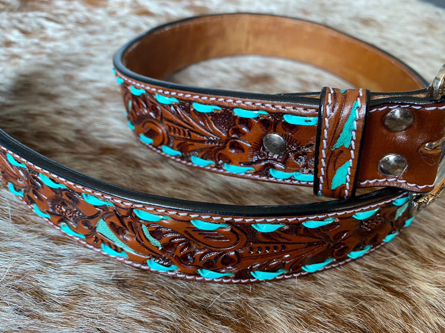 Tan Tooled Leather Belt With Turquoise Roping