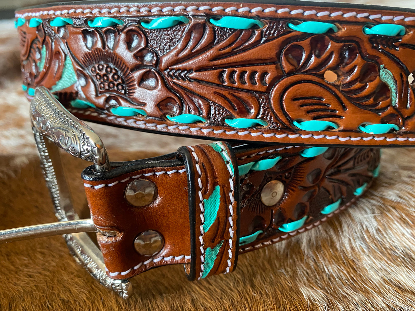 Tan Tooled Leather Belt With Turquoise Roping