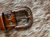 Tan Tooled Leather Belt With Turquoise Roping